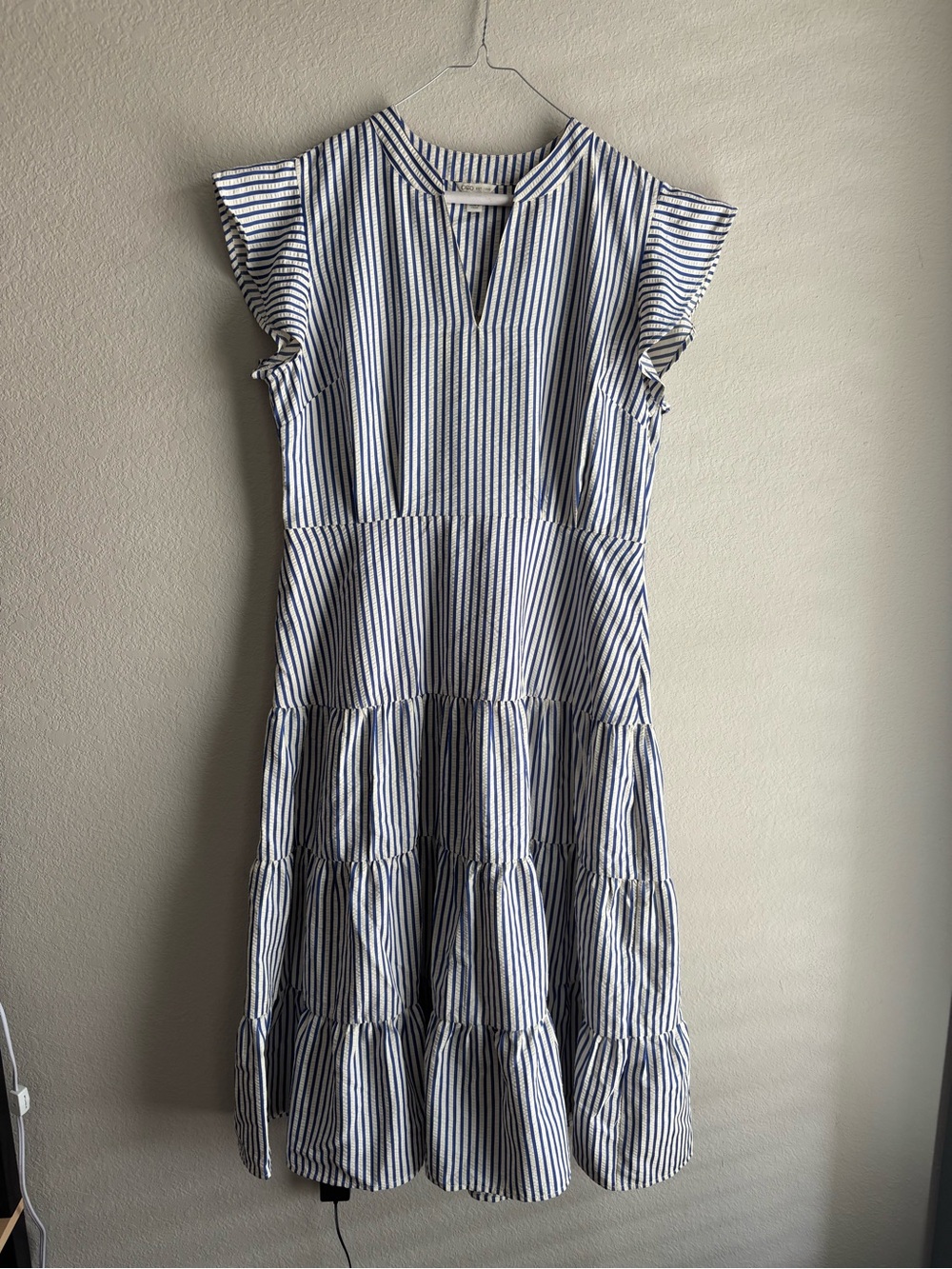 Cato Blue and White Striped Tiered Midi Dress